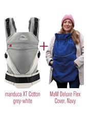 manduca® XT Cotton grey-white Bundle with MaM® Deluxe Flex Cover Navy