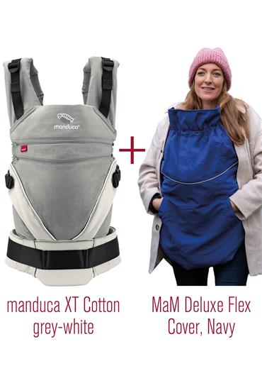 manduca® XT Cotton grey-white Bundle with MaM® Deluxe Flex Cover Navy